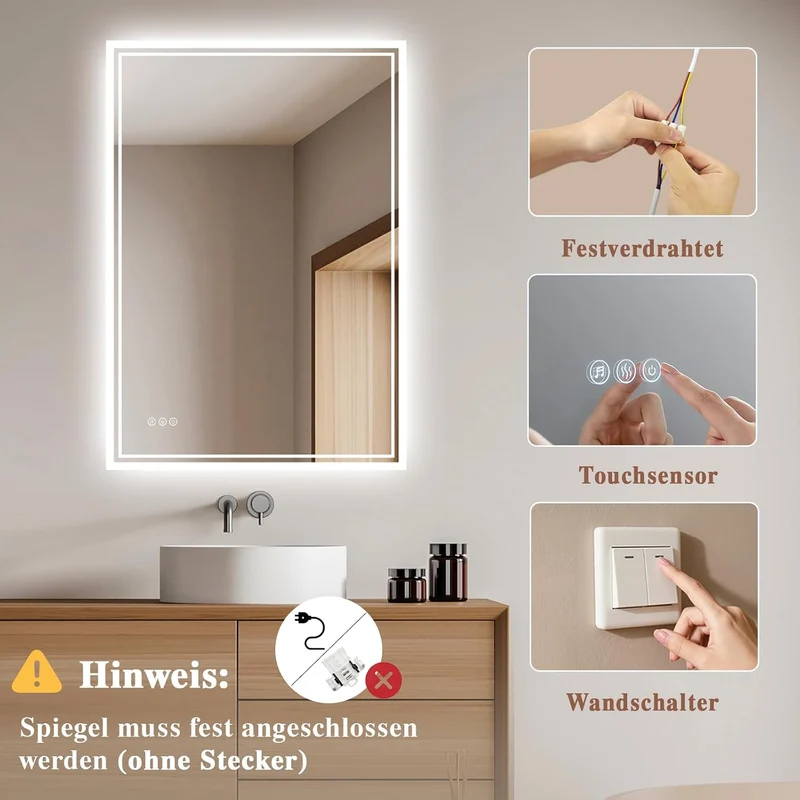 Badspiegel-mit-Beleuchtung 100x70cm - Badezimmer Spiegel mit Bluetooth - Badezimmerspiegel mit Besch