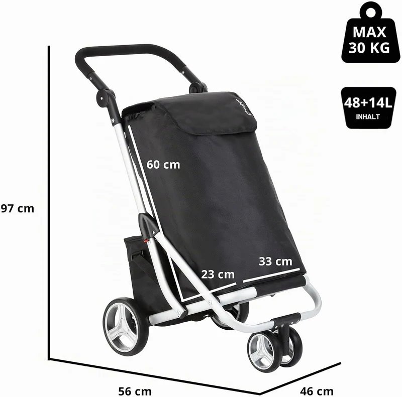 Cruiser Einkaufswagen 59 Liter mit 14 ltr Kuhltasche - 3 räder Einkaufstrolley (schwar) Schwarz, Sch