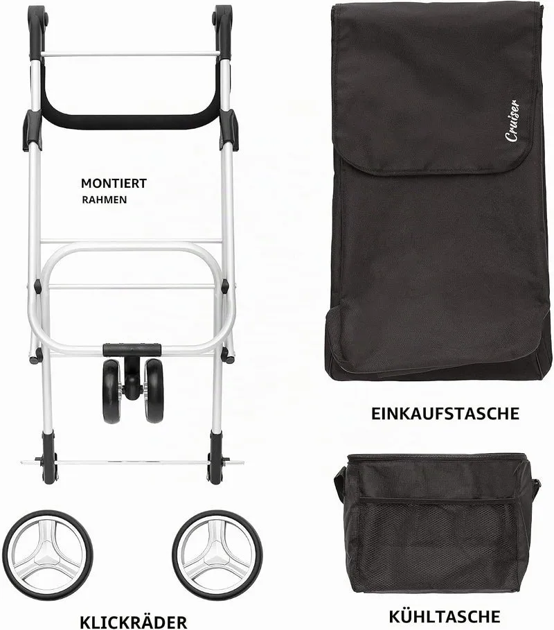 Cruiser Einkaufswagen 59 Liter mit 14 ltr Kuhltasche - 3 räder Einkaufstrolley (schwar) Schwarz, Sch