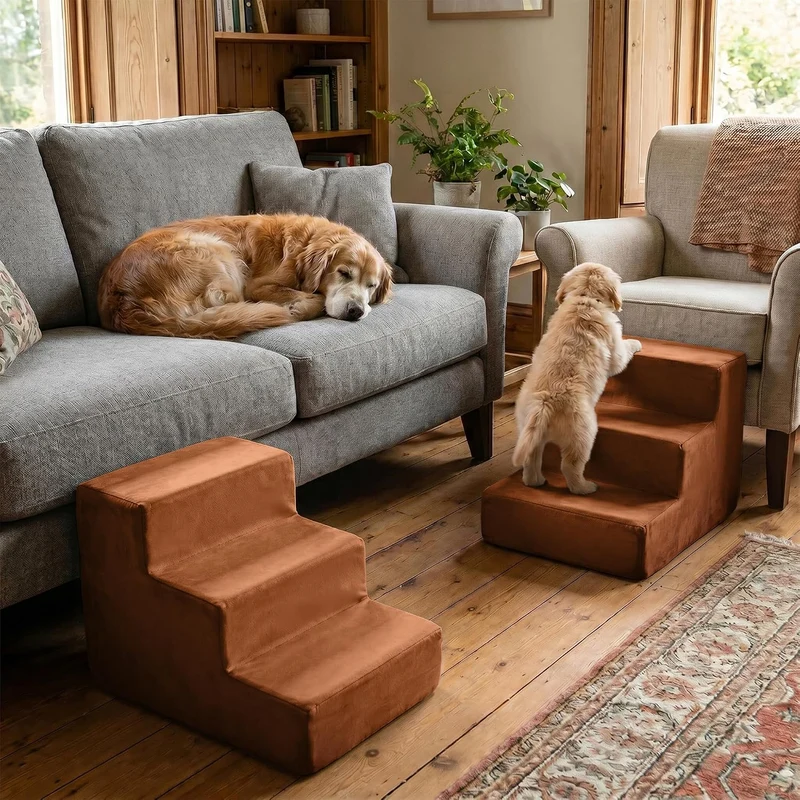murando Hundetreppe für Kleine Hunde 3 Stufen 30 cm, Samt - Honiggelb | Haustiertreppe für Bett, Sof