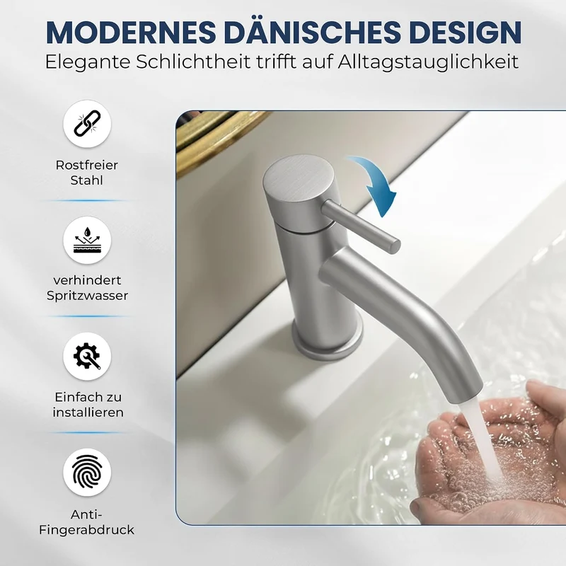 Søvang Wasserhahn Bad – Waschtischarmatur 18,3 cm, Waschbeckenarmatur Gebürsteter Edelstahl, Anti-Fi