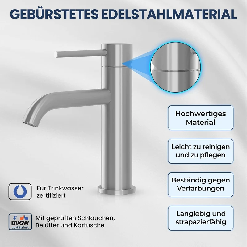 Søvang Wasserhahn Bad – Waschtischarmatur 18,3 cm, Waschbeckenarmatur Gebürsteter Edelstahl, Anti-Fi