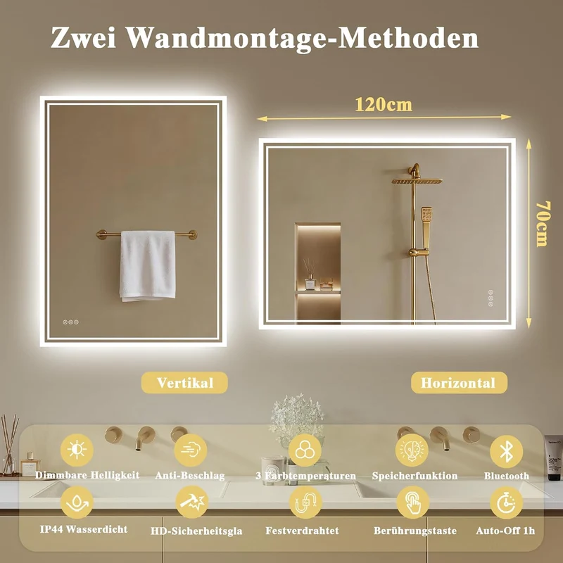 Badspiegel-mit-Beleuchtung 120x70cm - Badezimmer Spiegel mit Bluetooth - Badezimmerspiegel mit Besch