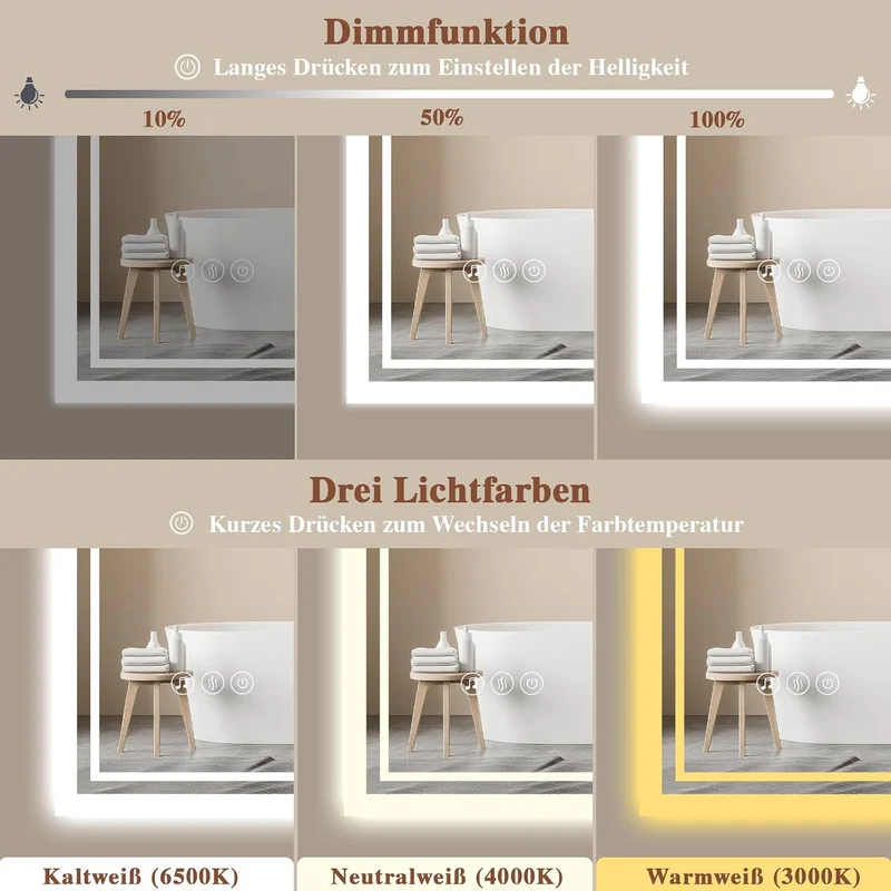 Badspiegel-mit-Beleuchtung 120x70cm - Badezimmer Spiegel mit Bluetooth - Badezimmerspiegel mit Besch