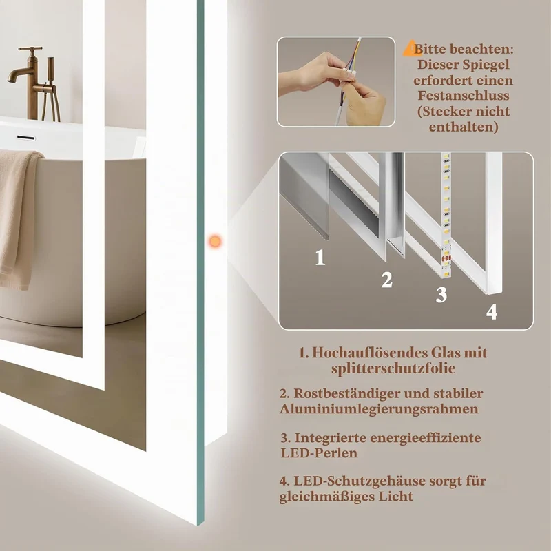 Badspiegel-mit-Beleuchtung 120x70cm - Badezimmer Spiegel mit Bluetooth - Badezimmerspiegel mit Besch