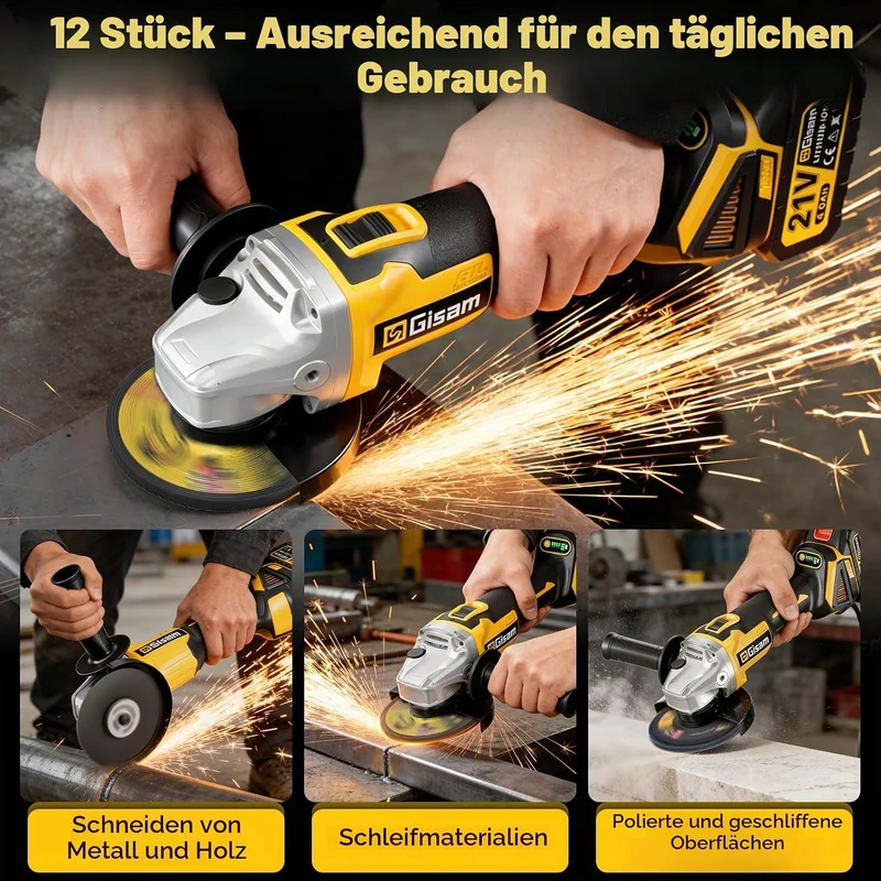 Gisam Akku Winkelschleifer 125mm, Bürstenloser Motor, 4 Drehzahlstufen, 10000 U/min, Flex Akku Winke