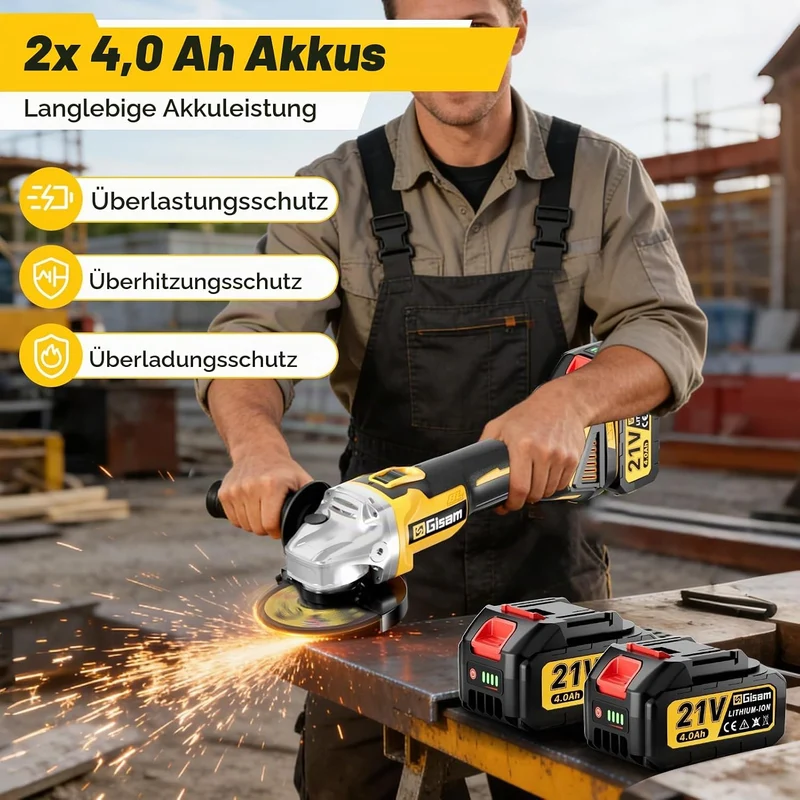 Gisam Akku Winkelschleifer 125mm, Bürstenloser Motor, 4 Drehzahlstufen, 10000 U/min, Flex Akku Winke