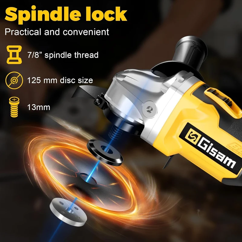 Gisam Akku Winkelschleifer 125mm, Bürstenloser Motor, 4 Drehzahlstufen, 10000 U/min, Flex Akku Winke