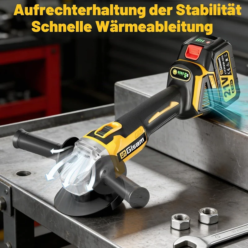 Gisam Akku Winkelschleifer 125mm, Bürstenloser Motor, 4 Drehzahlstufen, 10000 U/min, Flex Akku Winke