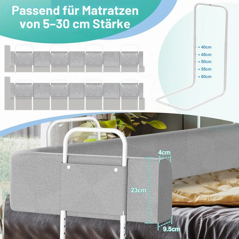Yakimz Bettgitter für Kinder 200cm, Bettschutzgitter 5-Loch Höhenverstellbar, Rausfallschutz Bett, K