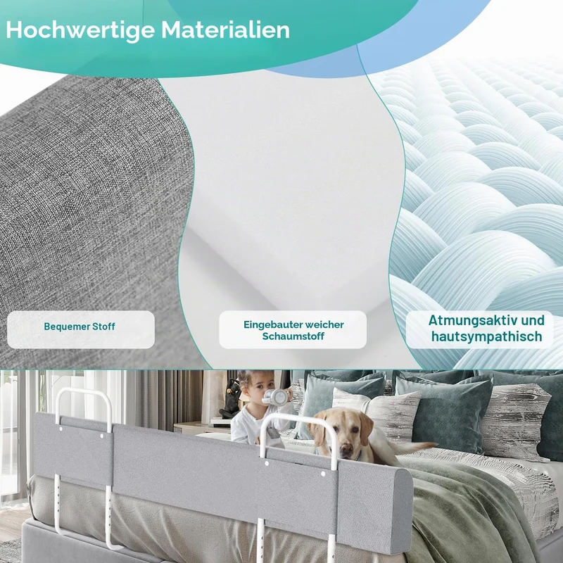 Yakimz Bettgitter für Kinder 200cm, Bettschutzgitter 5-Loch Höhenverstellbar, Rausfallschutz Bett, K
