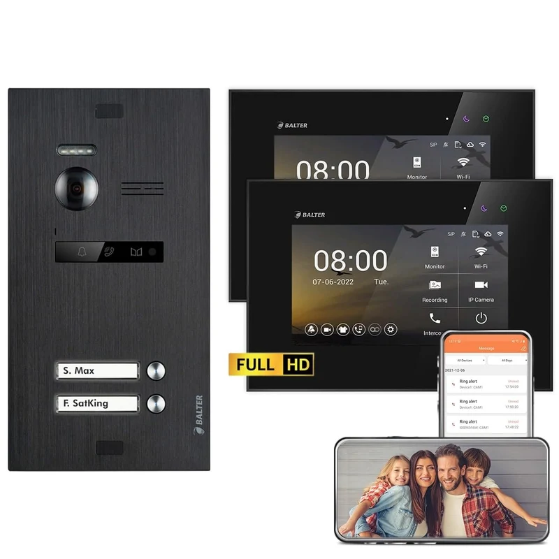 Balter EVO HD Schwarz/Schwarz WiFi Video Türsprechanlage Set für 2 Familienhaus (1x Türstation 175°