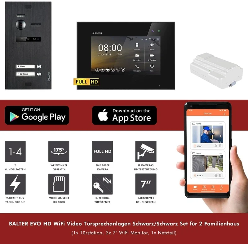Balter EVO HD Schwarz/Schwarz WiFi Video Türsprechanlage Set für 2 Familienhaus (1x Türstation 175°