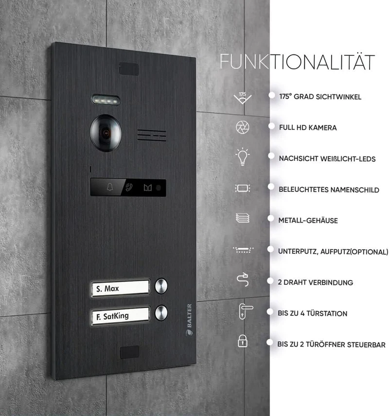 Balter EVO HD Schwarz/Schwarz WiFi Video Türsprechanlage Set für 2 Familienhaus (1x Türstation 175°