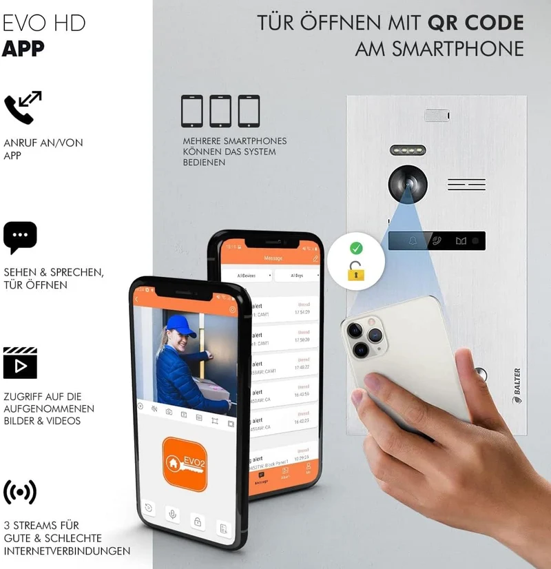 Balter EVO HD Schwarz/Schwarz WiFi Video Türsprechanlage Set für 2 Familienhaus (1x Türstation 175°