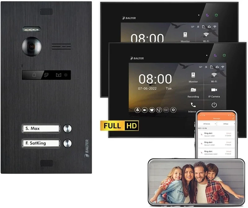 Balter EVO HD Schwarz/Schwarz WiFi Video Türsprechanlage Set für 2 Familienhaus (1x Türstation 175°