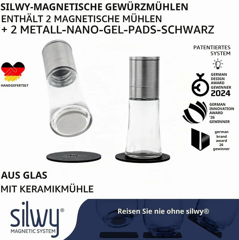 silwy® Gewürzmühlen mit Magneten 2er Set mit verstellbarem Keramikmahlwerk inkl. 2 Metall-Nano-Gel-P