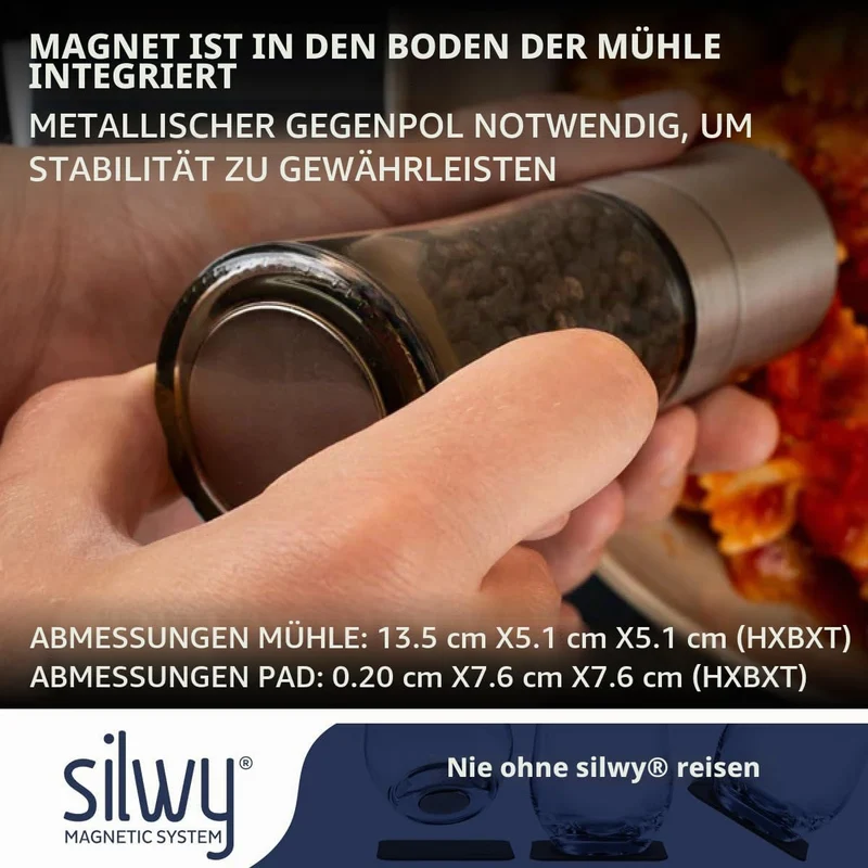 silwy® Gewürzmühlen mit Magneten 2er Set mit verstellbarem Keramikmahlwerk inkl. 2 Metall-Nano-Gel-P