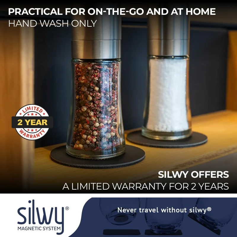 silwy® Gewürzmühlen mit Magneten 2er Set mit verstellbarem Keramikmahlwerk inkl. 2 Metall-Nano-Gel-P