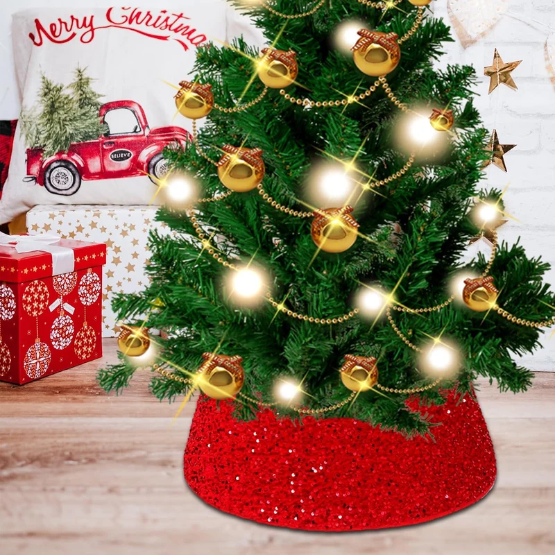 Weihnachtsbaumrock-Dekorationen, 60 cm Weihnachtsbaumrock Baumkragen Rot Glitzernd Weihnachtsbaum So