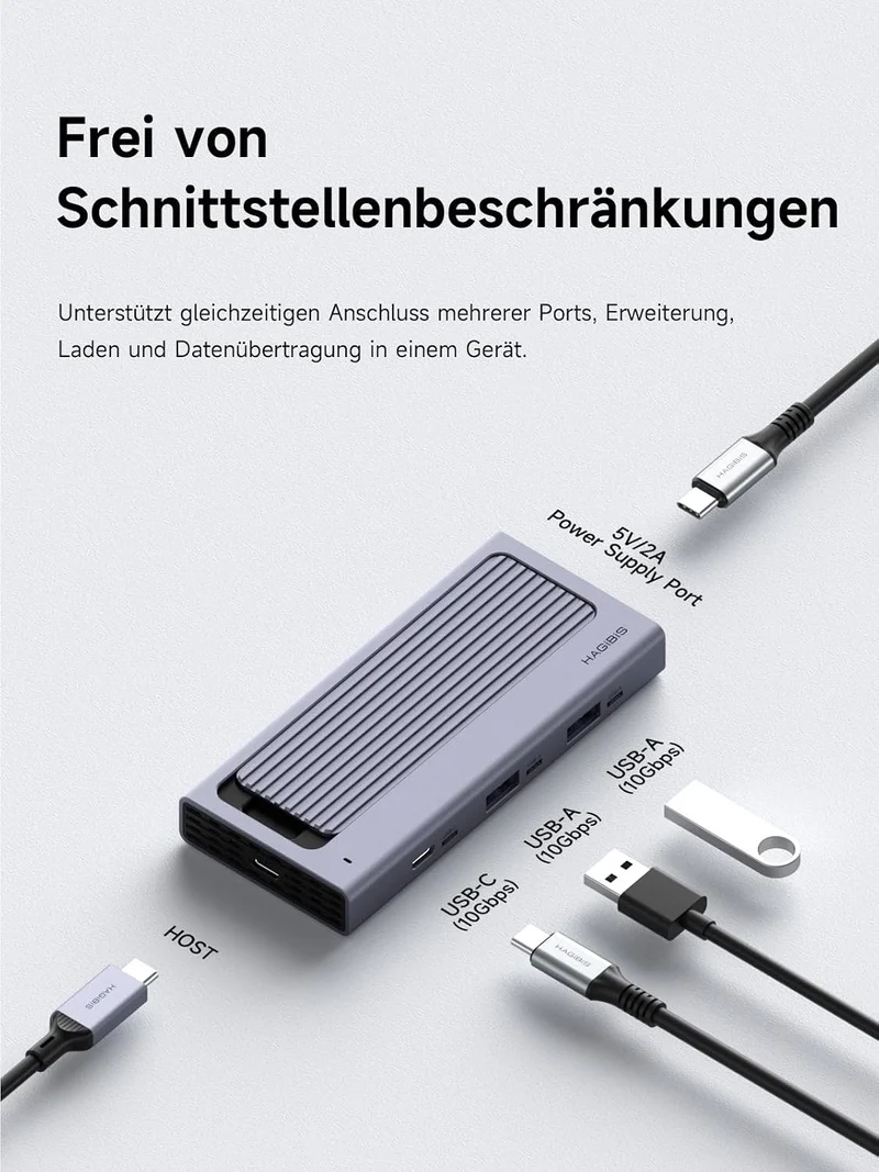 Hagibis USB-C-Hub mit M.2-SSD-Gehäuse, magnetische Abdeckung, einfache Demontage, externes Festplatt
