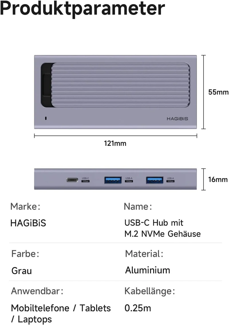 Hagibis USB-C-Hub mit M.2-SSD-Gehäuse, magnetische Abdeckung, einfache Demontage, externes Festplatt