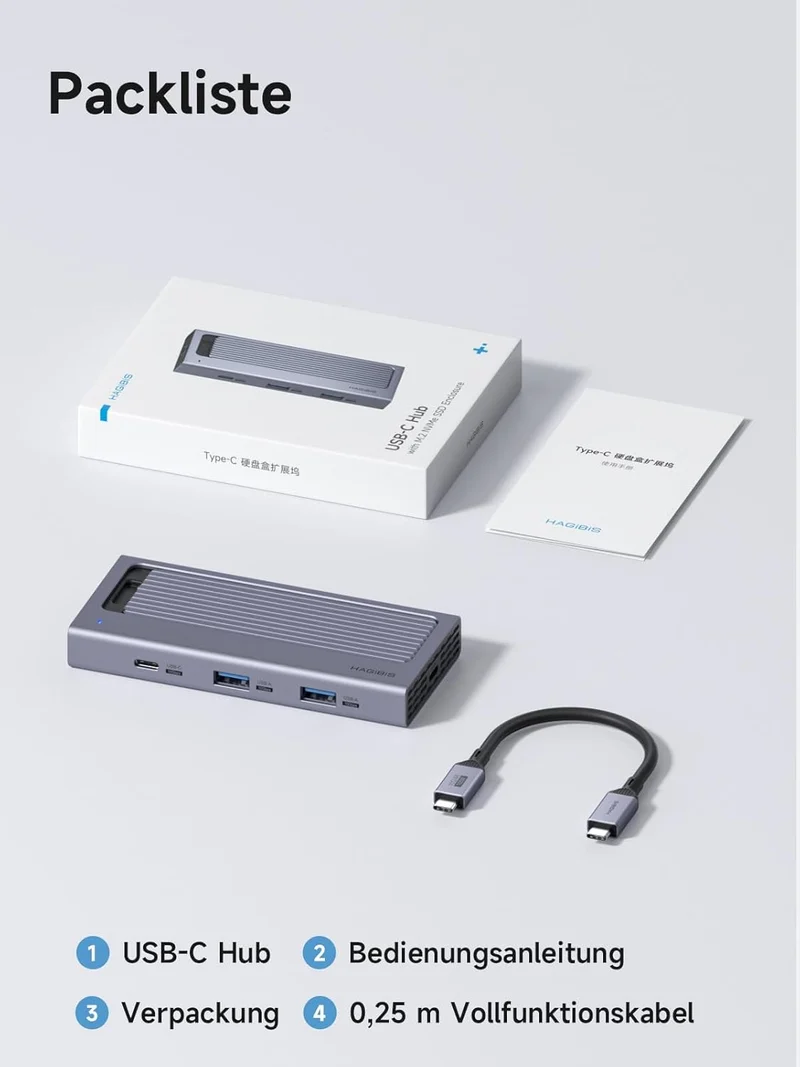 Hagibis USB-C-Hub mit M.2-SSD-Gehäuse, magnetische Abdeckung, einfache Demontage, externes Festplatt