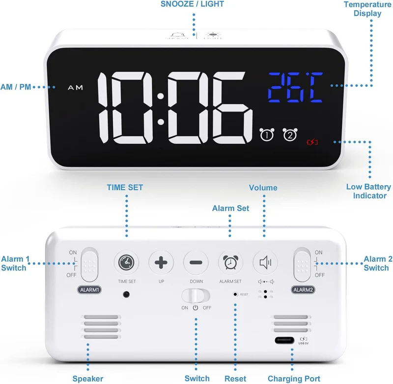 CHEREEKI Digitaler Wecker, LED Digitaluhr mit Temperaturanzeige Tragbarer Spiegelalarm Tischuhr mit