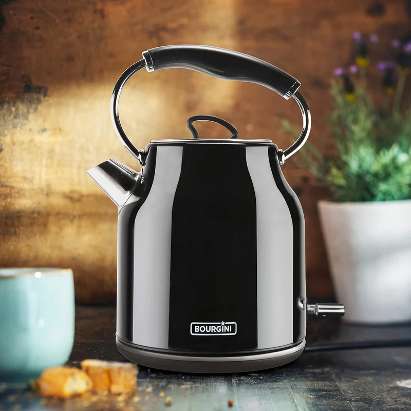 Bourgini Nostalgic Water Kettle Deluxe - Retro Wasserkocher - 1.7L Fassungsvermögen - Schwarz Black,