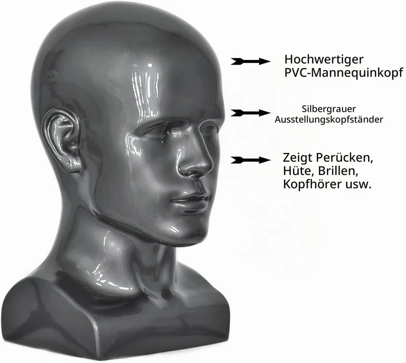 Tcwuzick PVC Schaufensterpuppe Kopf Schwarz Männlich Manikin Dummy Stand Modell Display Hut Schal Pe