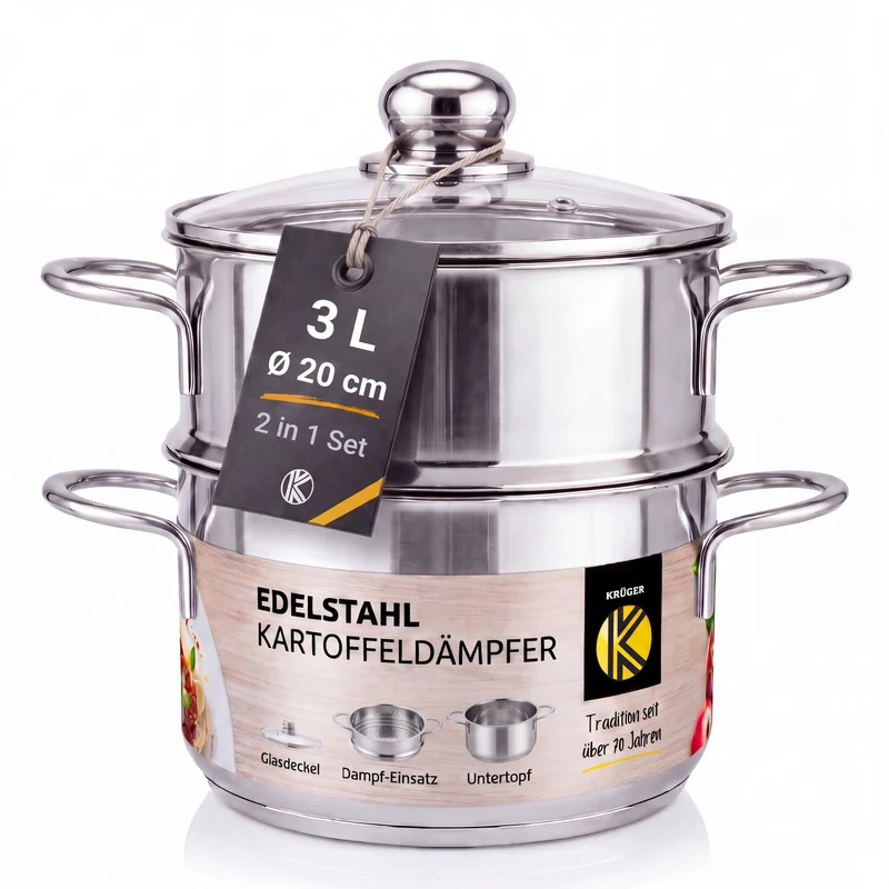 Krüger Edelstahl-Kartoffeldämpfer mit Glasdeckel - Bio-Dünster mit praktischem Schüttrand & energies