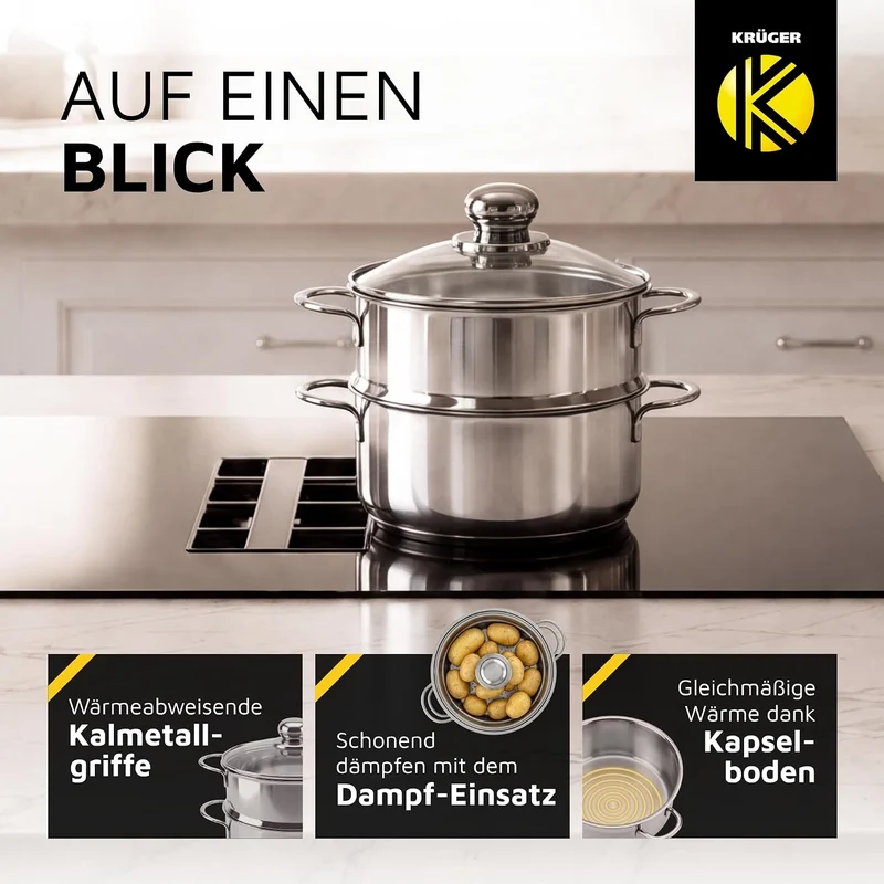 Krüger Edelstahl-Kartoffeldämpfer mit Glasdeckel - Bio-Dünster mit praktischem Schüttrand & energies