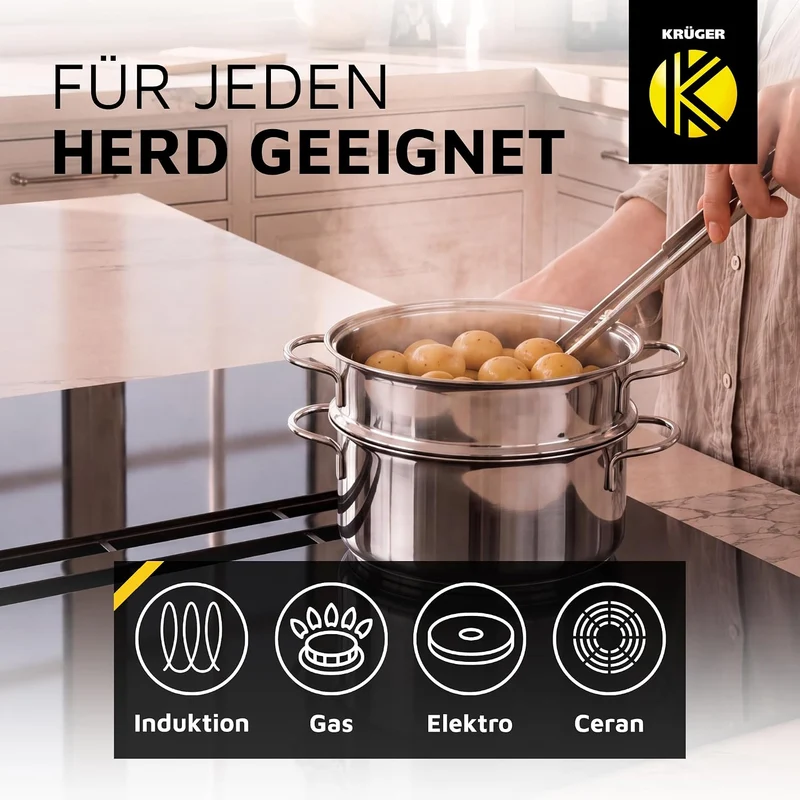 Krüger Edelstahl-Kartoffeldämpfer mit Glasdeckel - Bio-Dünster mit praktischem Schüttrand & energies