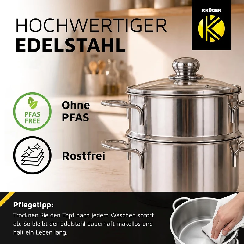 Krüger Edelstahl-Kartoffeldämpfer mit Glasdeckel - Bio-Dünster mit praktischem Schüttrand & energies