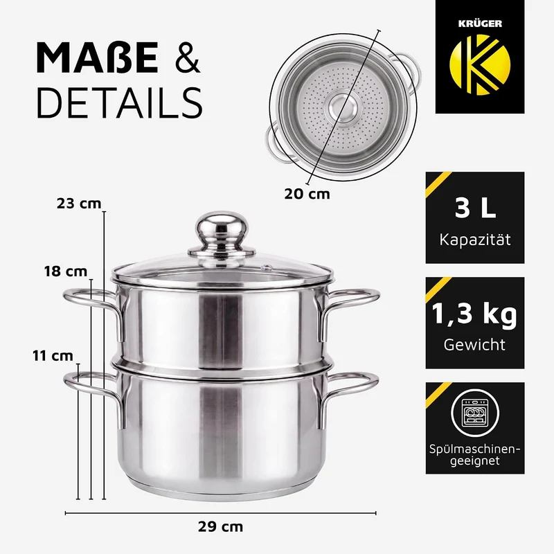 Krüger Edelstahl-Kartoffeldämpfer mit Glasdeckel - Bio-Dünster mit praktischem Schüttrand & energies