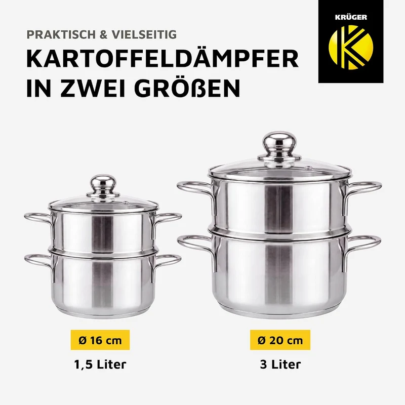 Krüger Edelstahl-Kartoffeldämpfer mit Glasdeckel - Bio-Dünster mit praktischem Schüttrand & energies