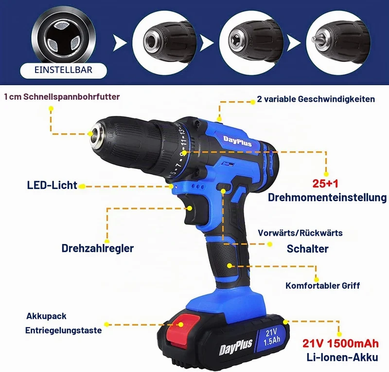 Akku-Bohrmaschine Akku-Schlagbohrschrauber mit 2x1500mAh Lithiumbatterie, 21V Akkuschrauber 45Nm Dre