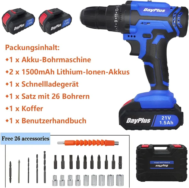 Akku-Bohrmaschine Akku-Schlagbohrschrauber mit 2x1500mAh Lithiumbatterie, 21V Akkuschrauber 45Nm Dre