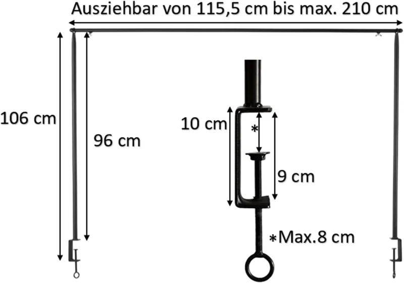 Tisch Deko Stange Klemme Gestell Deko Metall schwarz ausziehbar Tafel 117-211 cm