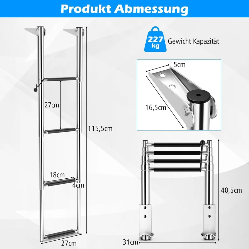 GOPLUS Poolleiter Edelstahl, Bootleiter klappbar mit 4 Stufen und Antirutschpads, Schwimmbadleiter T