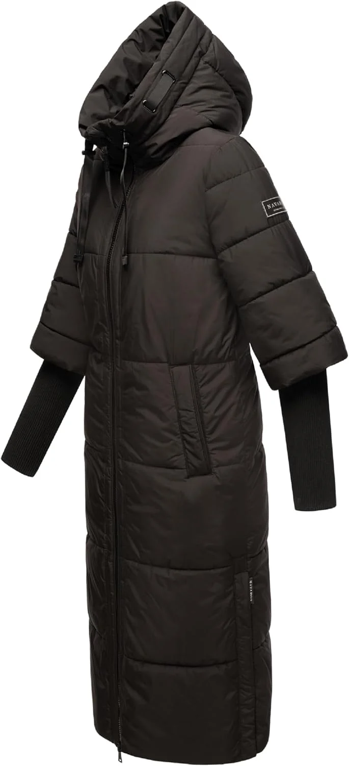 Navahoo Damen Wintermantel Warmer Steppmantel lang mit Kapuze und Rippstrickärmeln Ciao MIAU XIV XS-
