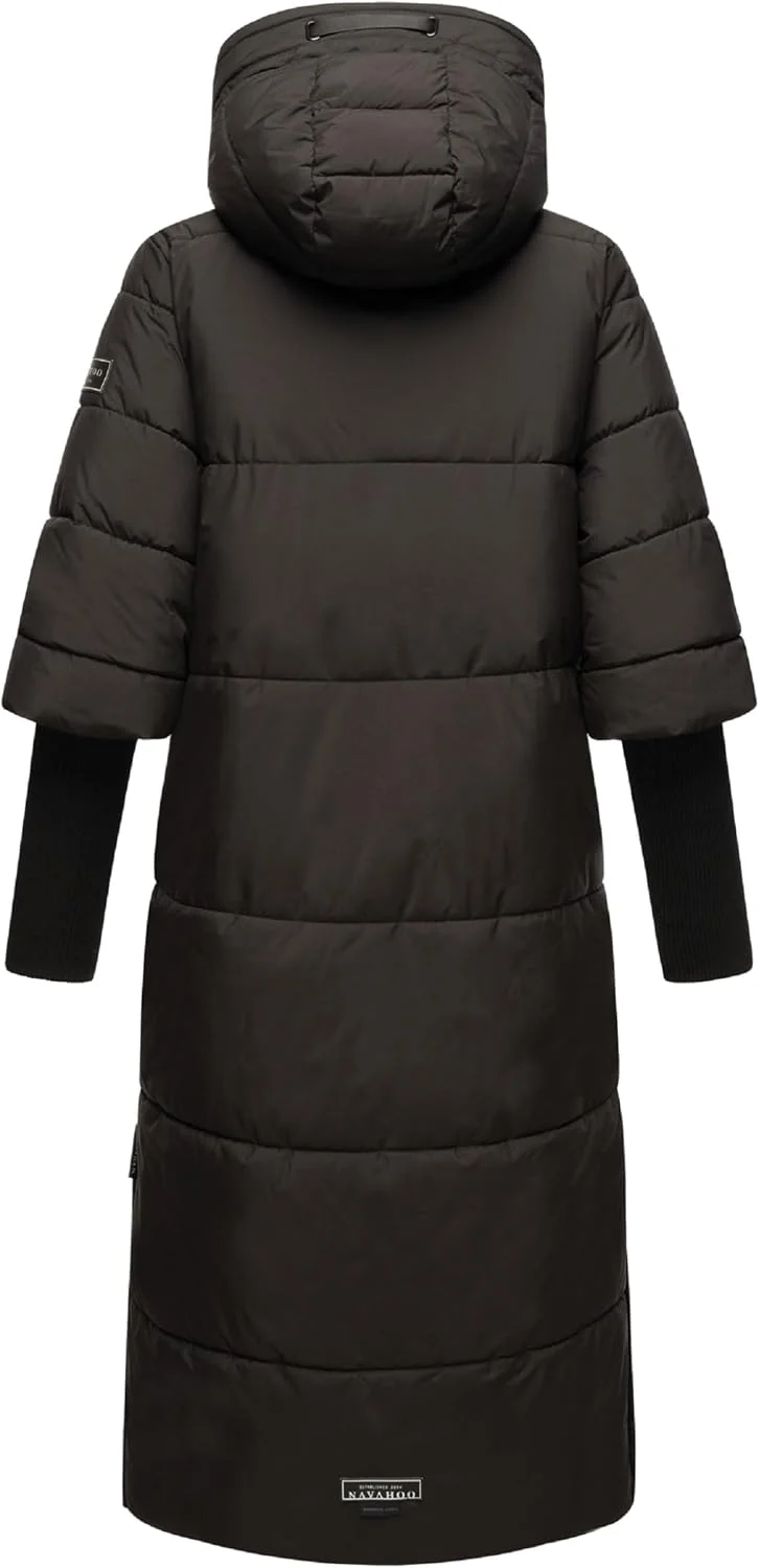 Navahoo Damen Wintermantel Warmer Steppmantel lang mit Kapuze und Rippstrickärmeln Ciao MIAU XIV XS-