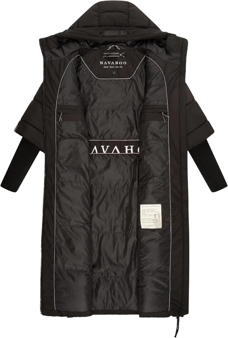 Navahoo Damen Wintermantel Warmer Steppmantel lang mit Kapuze und Rippstrickärmeln Ciao MIAU XIV XS-