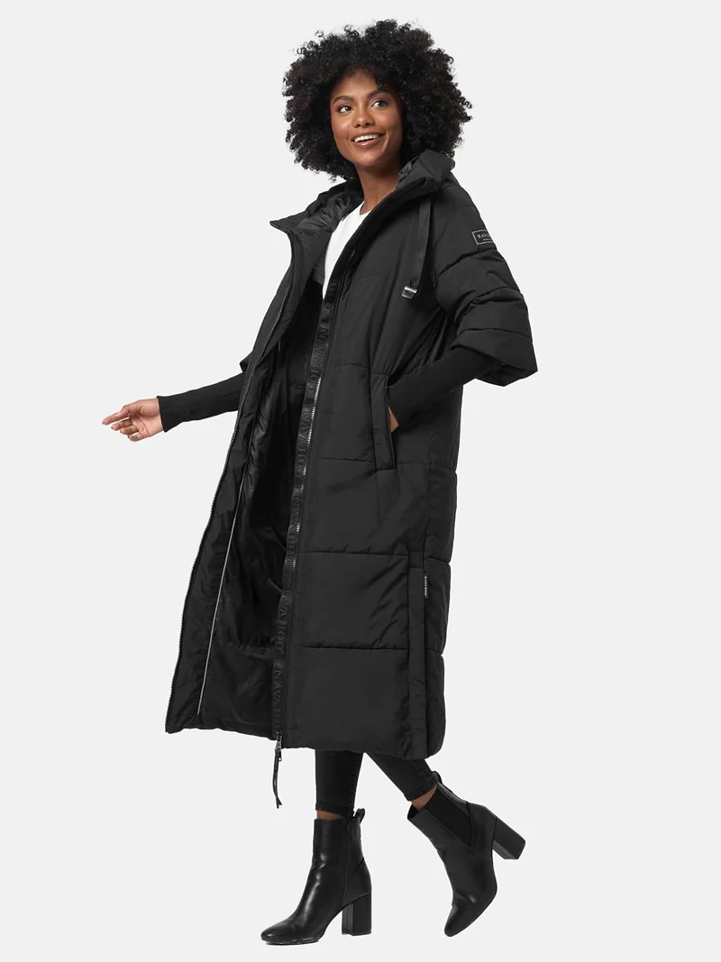 Navahoo Damen Wintermantel Warmer Steppmantel lang mit Kapuze und Rippstrickärmeln Ciao MIAU XIV XS-