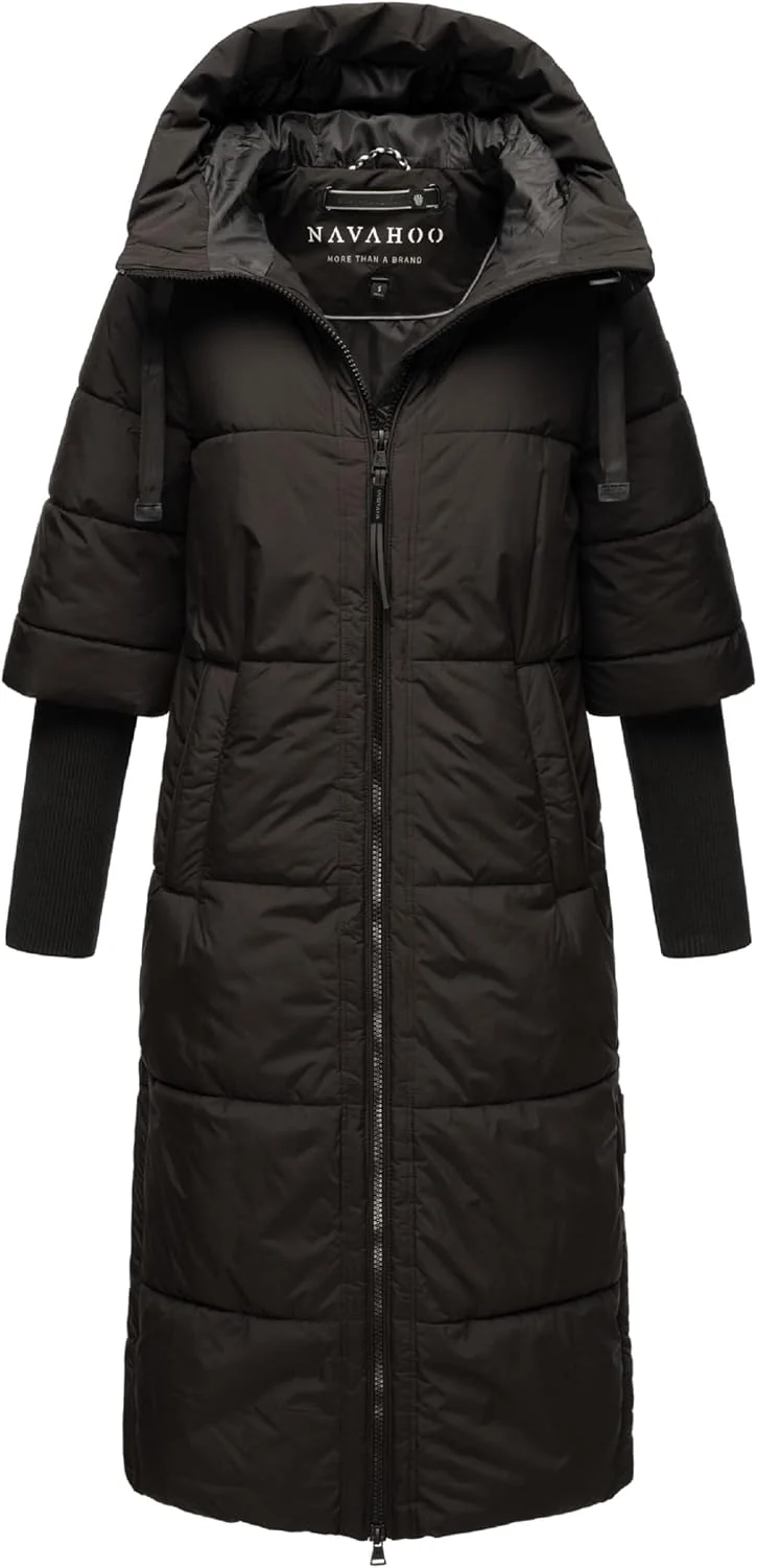 Navahoo Damen Wintermantel Warmer Steppmantel lang mit Kapuze und Rippstrickärmeln Ciao MIAU XIV XS-