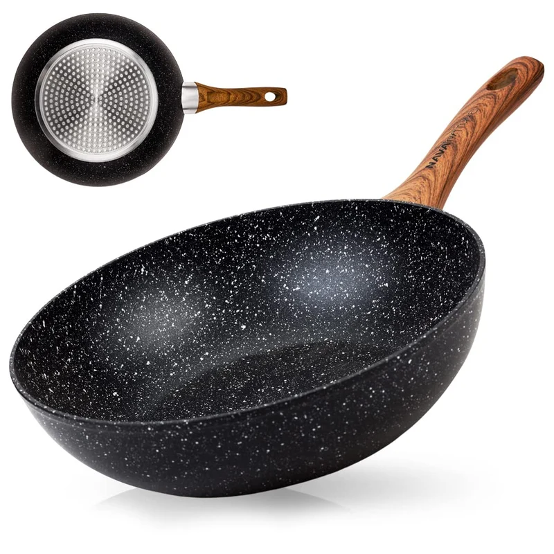 NAVA Wok aus Aluminium, antihaftbeschichtet, für Induktion, Holzgriff, Durchmesser 28 cm