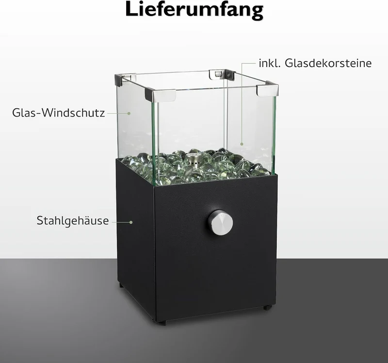 tepro Tischgasfeuerstelle Vulena, eckig, Edelstahl-Brenner 0,9 kW, integrierter Glas-Windschutz, mit