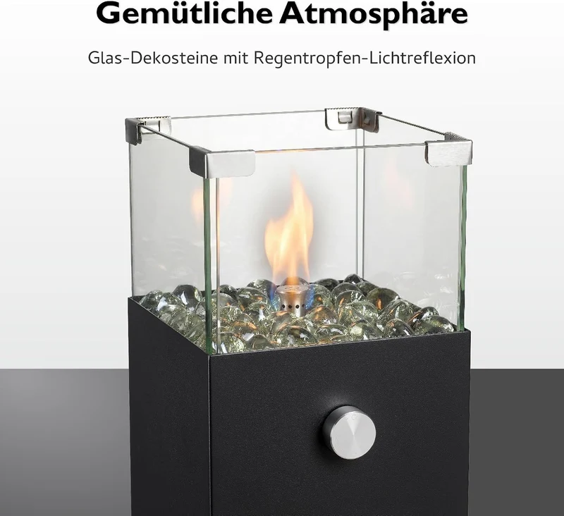 tepro Tischgasfeuerstelle Vulena, eckig, Edelstahl-Brenner 0,9 kW, integrierter Glas-Windschutz, mit