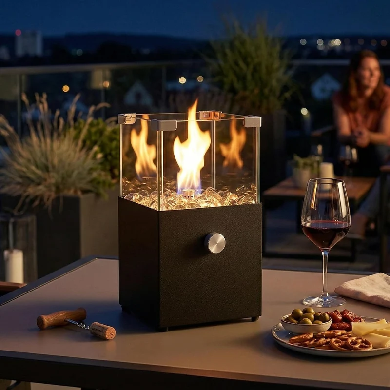 tepro Tischgasfeuerstelle Vulena, eckig, Edelstahl-Brenner 0,9 kW, integrierter Glas-Windschutz, mit