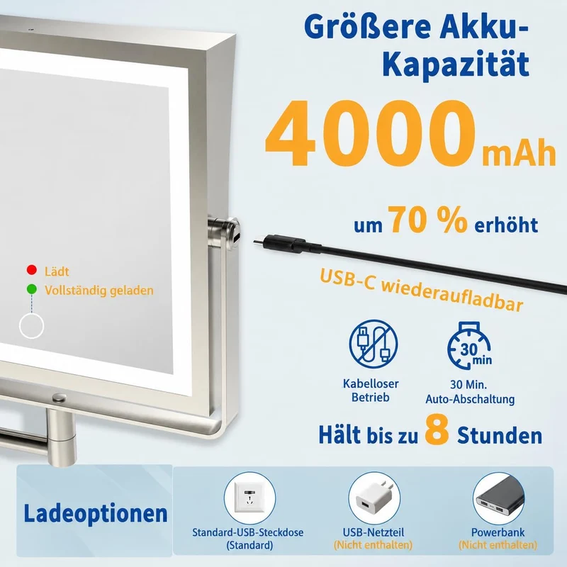 Ruacq Wiederaufladbarer Wand-Make-up-Spiegel mit Lichtern, doppelseitig, 1 x / 10-fache Vergrösserun